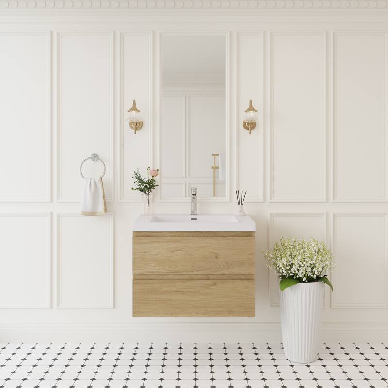 Modern Wall-Mounted Bathroom Vanity with White Solid Surface Top - 29.53'' x 19.69'' x 22.44'' - Oak