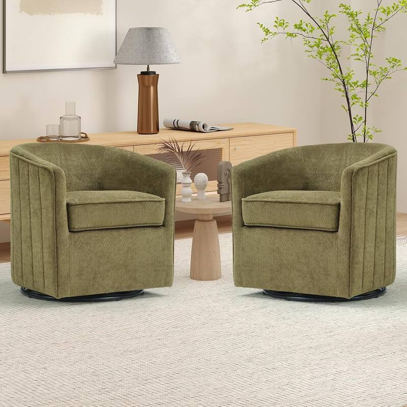 Swivel Accent Chair , 360 Degree Club Chair with Ottoman Set, Fabric Barrel Reading Chairs for Living Room Bedroom