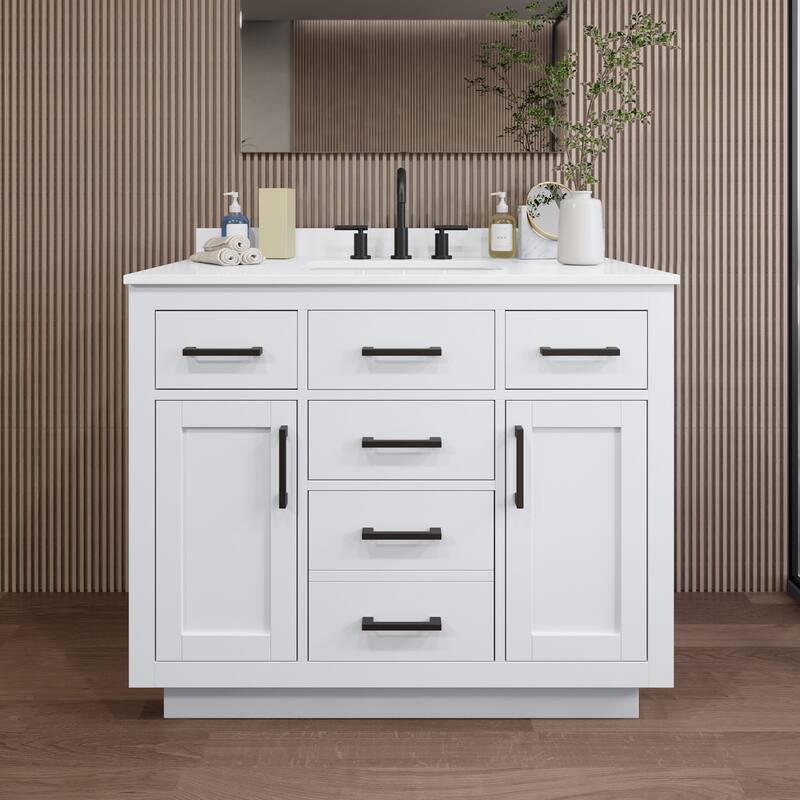 Wyndham Collection WCG262642S-QTZ-US3MXX Beckett TK 42" Free Standing - White / White Quartz Top / Matte Black Hardware