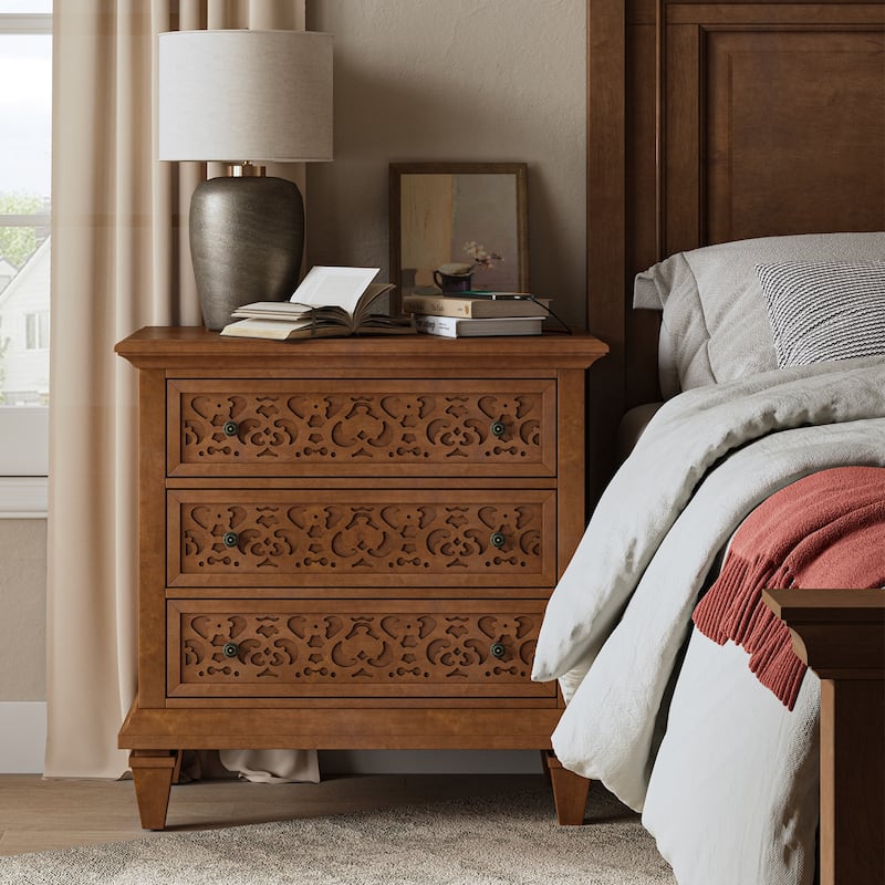 Vittorio Transitional 3 - Drawer Nightstand with Built-In Outlets by HULALA HOME - Walnut