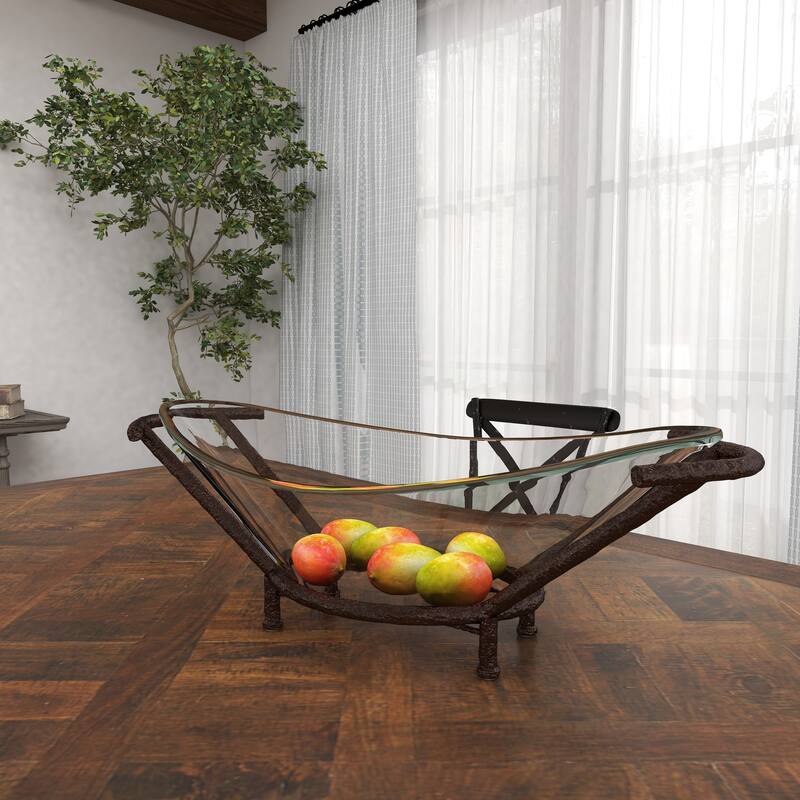 Tempered Glass Kitchen Serving Bowl with Brown Metal Base - Clear - Roche River Decor