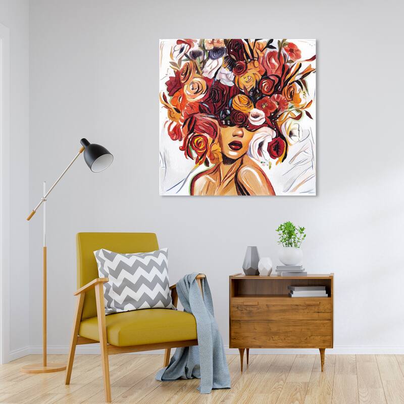 Wynwood Studio Canvas Floral and Botanical Beautiful girl Red and Modern & Contemporary Wall Art Canvas Print - 30 x 30