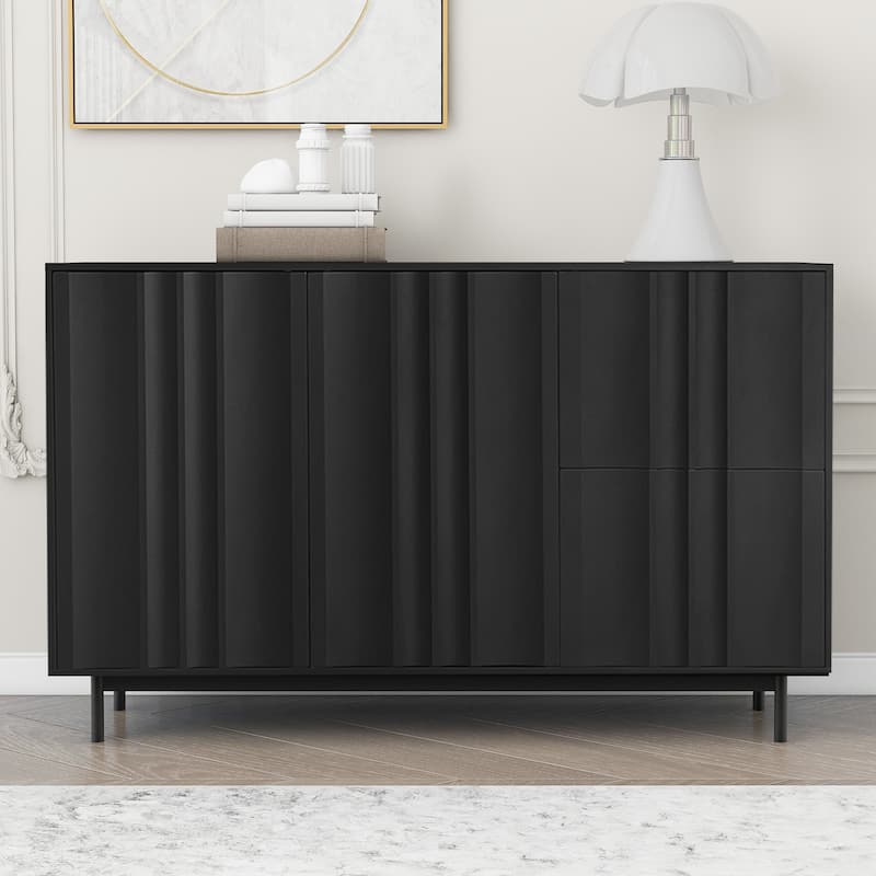 Storage Cabinet Entryway Cabinets with 2 Drawers and 2 Door Wave Pattern, Sideboard with Metal Legs and Adjustable Shelves