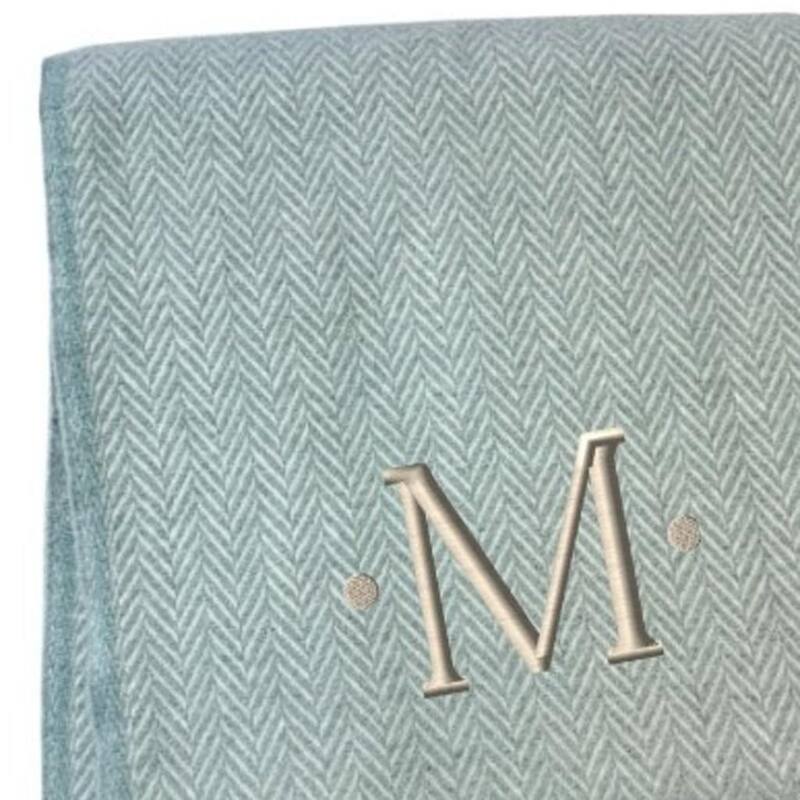 HomeRoots 55" X 70" Sky Blue And White Herringbone Cotton Blend M Initial Throw Blanket with Tassels And Embroidery