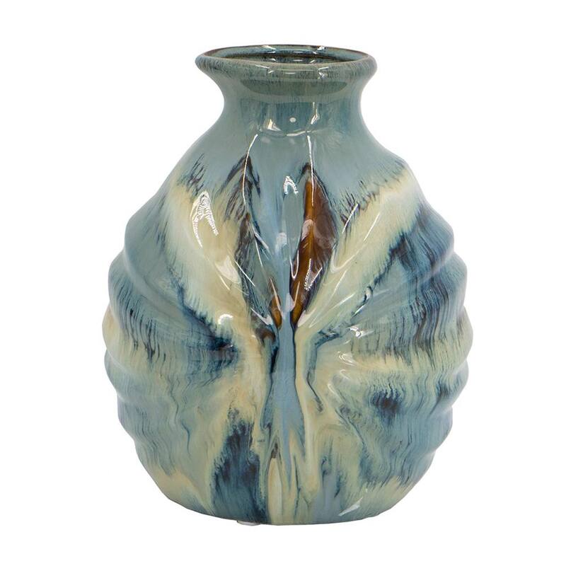 11" Blue Beige And Brown Abstract Round Ceramic Table Vase - 8.10
