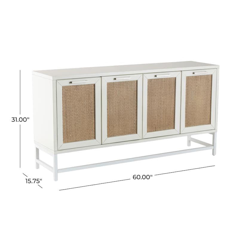 Wooden 4 Door Sideboard with Brown Woven Rattan Doors and Metal Base - White - Roche River Decor - 16"W x 60"L x 31"H