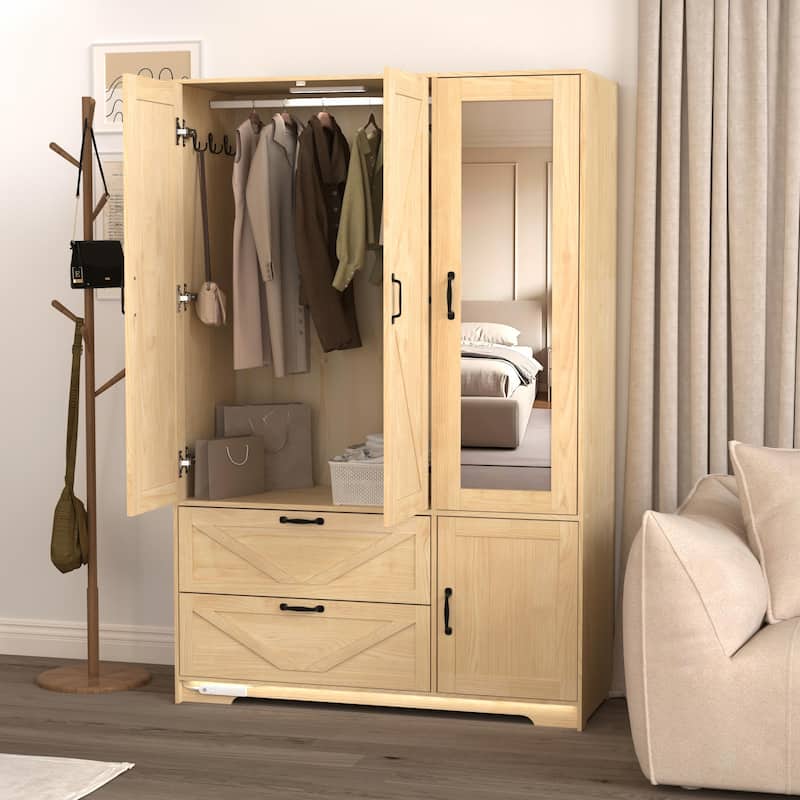 4-Door Wooden Wardrobe Closet with Mirror, LED Lights, 2 Drawers, Hanging Rod & Adjustable Shelves