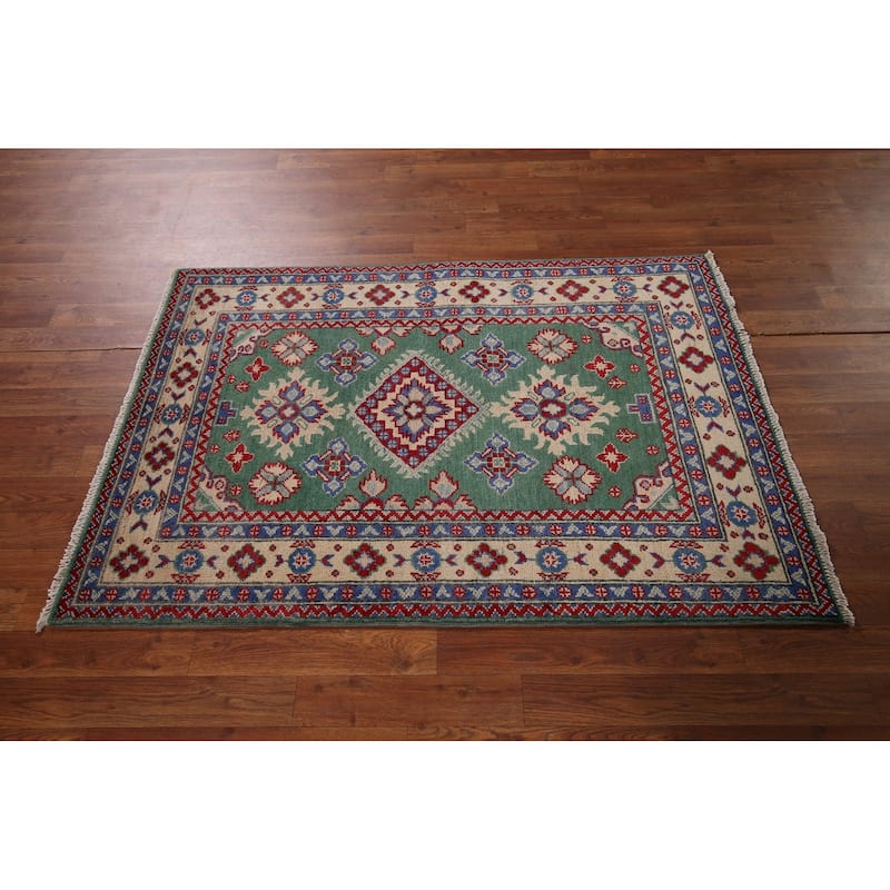 Green Geometric Kazak Oriental Accent Rug Handmade Wool Carpet - 3'4" x 4'10"