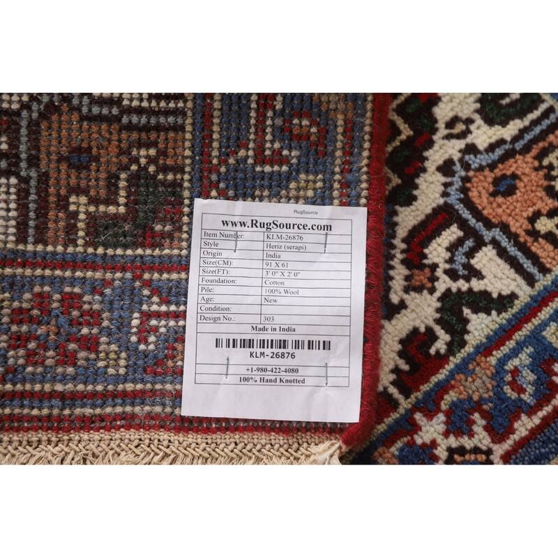 Red Geometric Heriz Serapi Indian Foyer Rug Hand-knotted Wool Carpet - 2'0"x 3'0"
