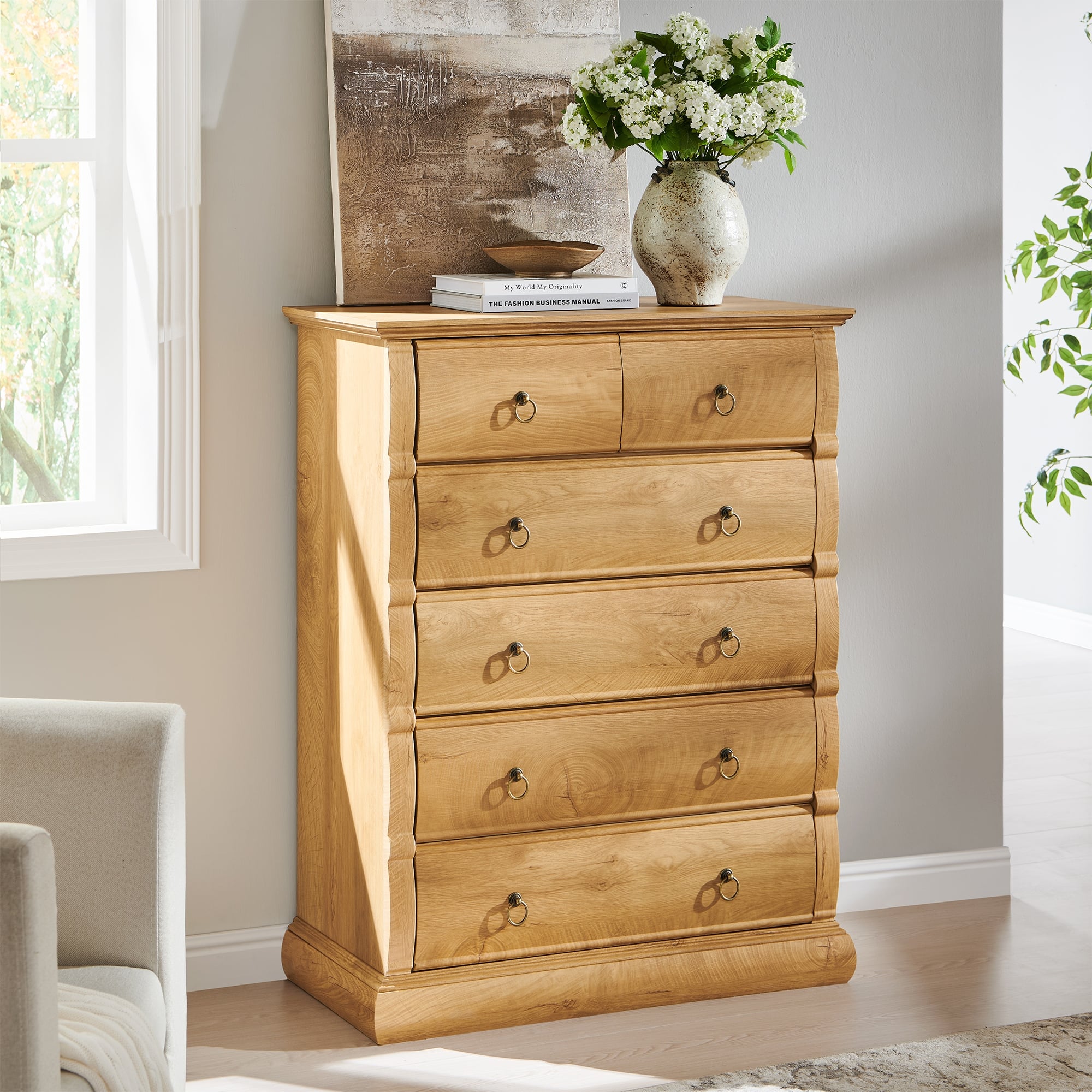 vintage chest dresser 6 Drawer Dresser, Tall of Drawers with Curved Fronts scratch resistant Dark Brown Antique Wooden Tansu