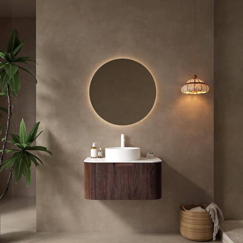 30" Bathroom Vanity with Sink, Wall-Mounted Floating Curved Edges Striped Bathroom Storage Cabinet with Drawer - Walnut,White