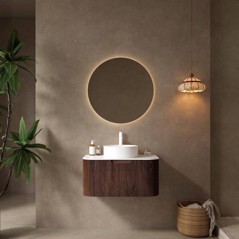 GDFStudio - Dina Modern 30" Floating Bathroom Vanity with Striped Curved Drawer & White Round Ceramic Basin, WITHOUT Faucet - Dark Walnut