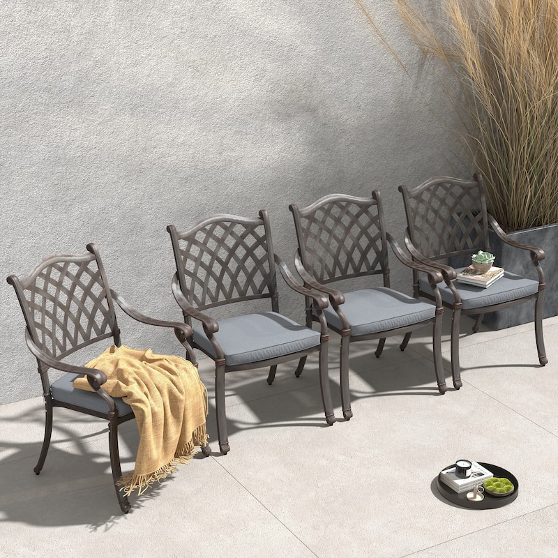 Patio Cast Aluminum Dining Armchairs with Cushions Set of 4 - Bronze