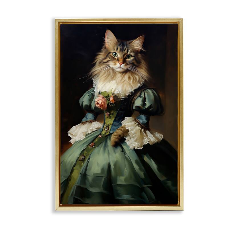 Stupell Cat in Elegant Dress Framed Floater Canvas Wall Art Design By Wumples - 21 x 31 - Gold