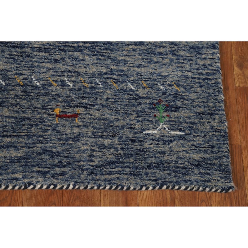 Blue Striped Tribal Gabbeh Indian Rug Hand-Knotted Wool Carpet - 4'0" x 5'10"