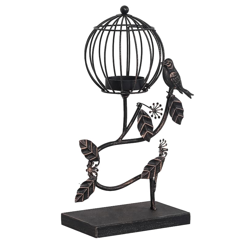 Adeco Birdcage Style Hanging Candle Holder Stand Vintage Lantern - Leaves - Bronze