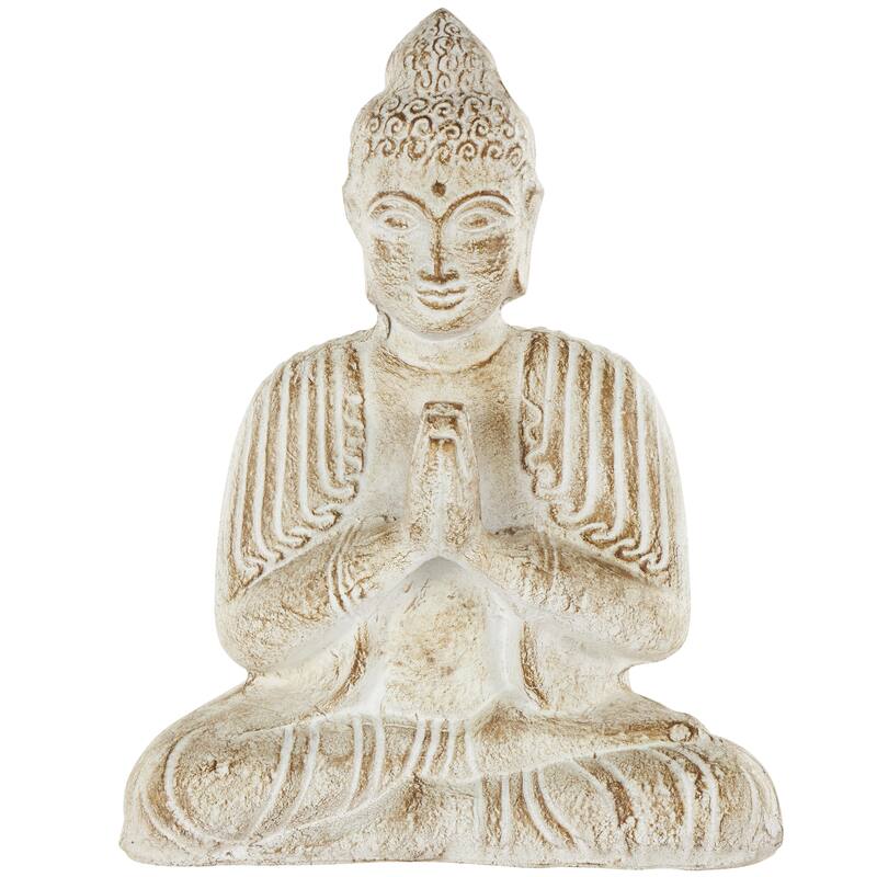 Cream Paper Mache Handmade Carved Buddha Decorative Sculpture with Brown Distressing