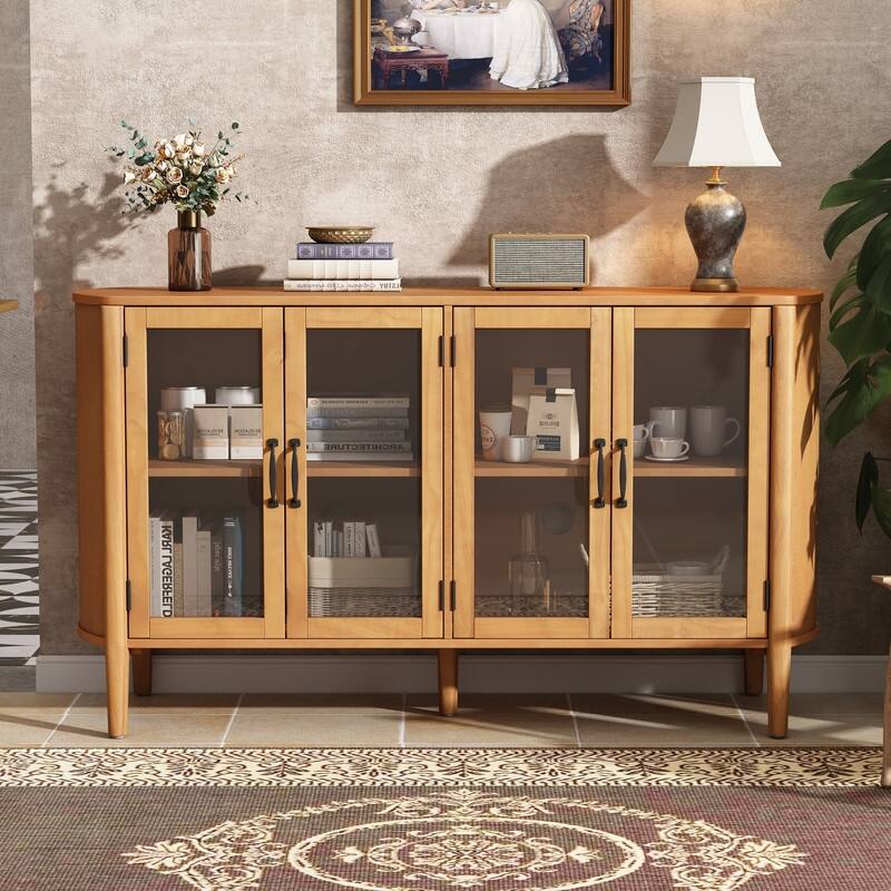 58" Sideboard with 4 Glass Doors for Living Room and Dining Room Organization - Natural