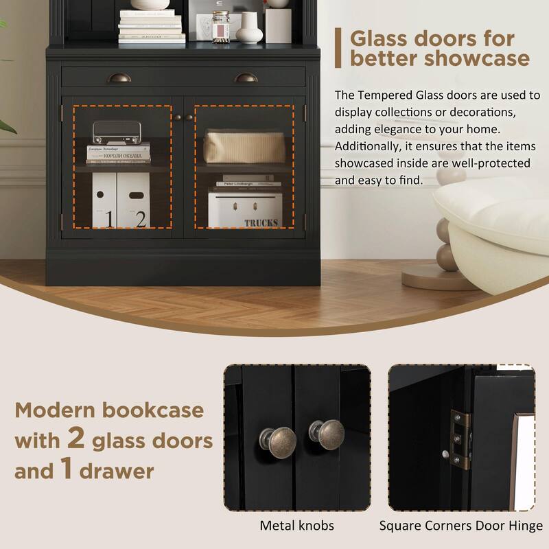 83.4" Tall Bookshelf, Modern Bookcase with 2 Glass Doors, 1 Drawer & Open Shelves