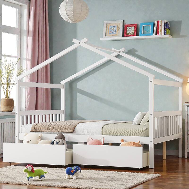 Twin/Full Size Wooden House Bed with Roof and 2 Drawers, Kids Platform Bed with Storage, Solid Pine Frame