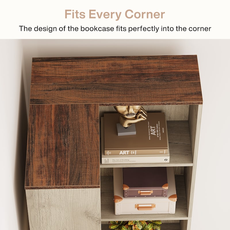 Farmhouse L-Shaped Corner Shelf Bookcase with Hidden Cabinet