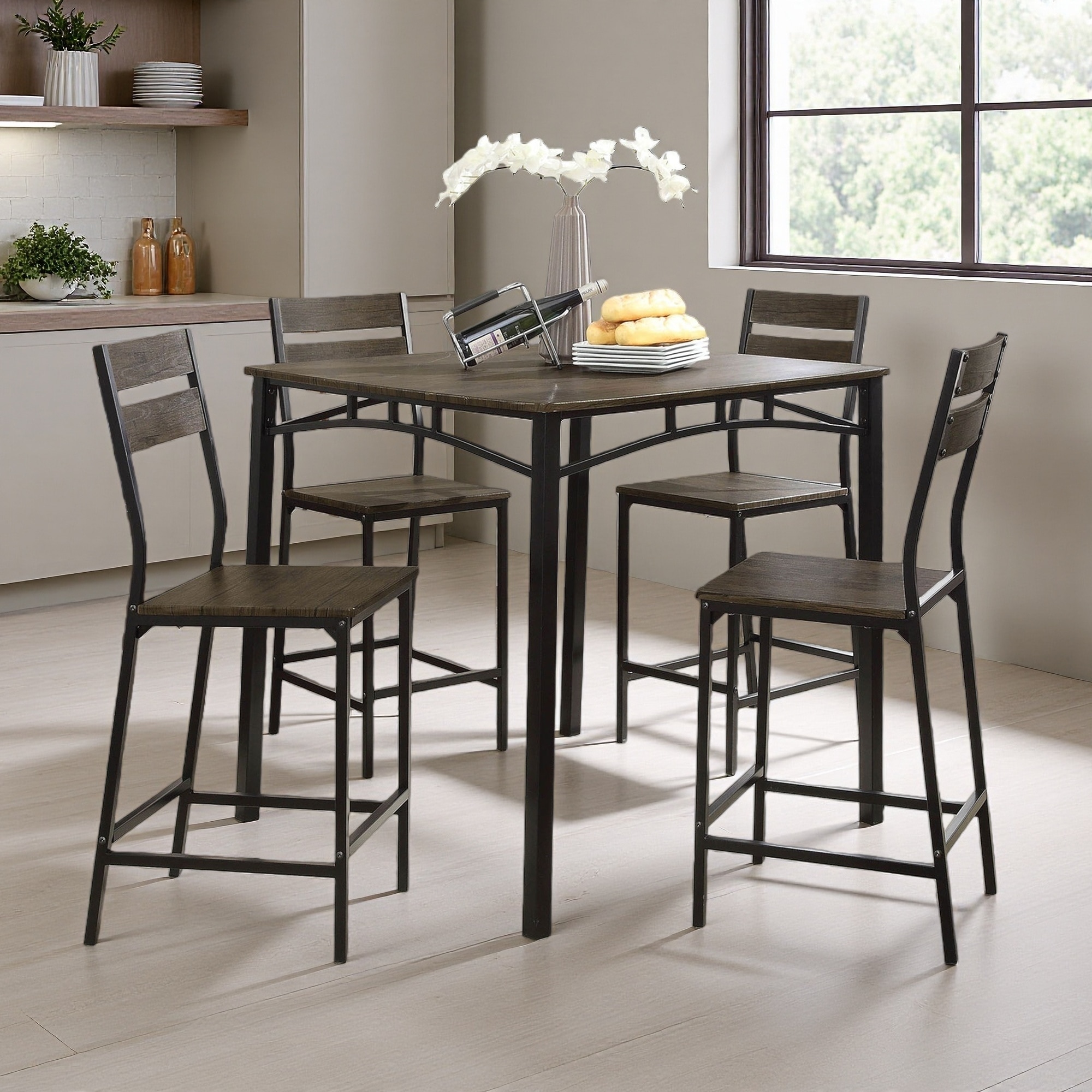 5-Piece Metal Frame 38" Counter Height Dining Set with Wooden Slat Back Chairs