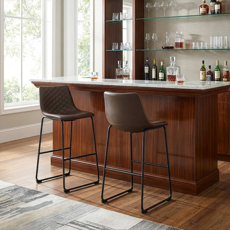 Set of 2 Ave Iron Frame Brown Faux Leather Bar Stool with Stitching