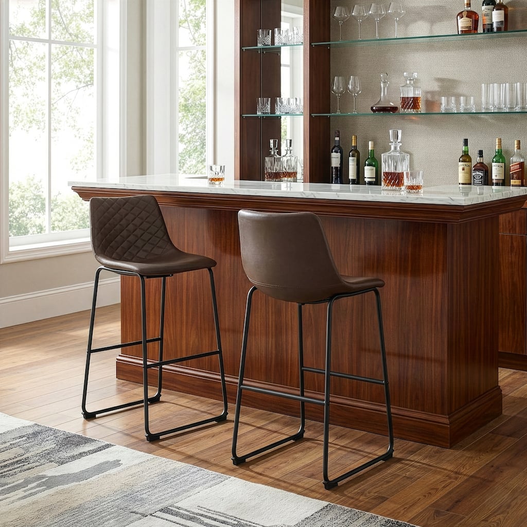 Set of 2 Ave Iron Frame Brown Faux Leather Bar Stool with Stitching