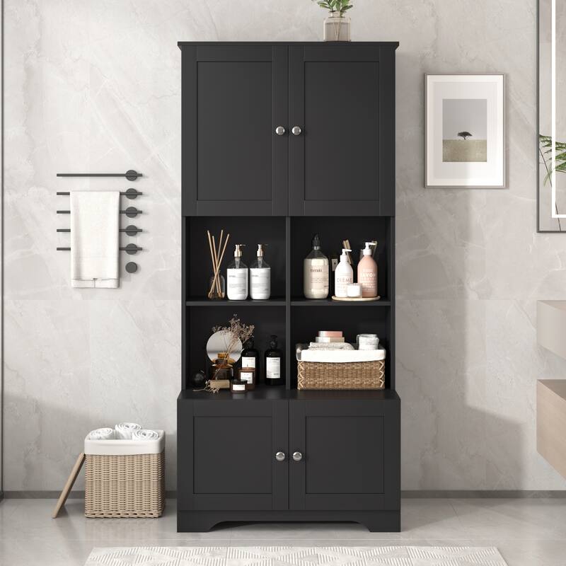 Elegant & Versatile Adjustable Storage Cabinet with 4 Separate Open Storage Compartments Plus Upper and Lower Cabinets - Black