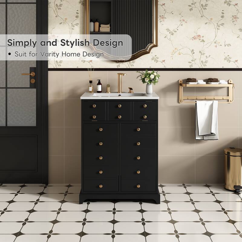 Bathroom Vanity with Tip-out Drawer and Soft-Closing Doors, Solid Wood Frame Bathroom Storage Cabinet with Ceramic Sink