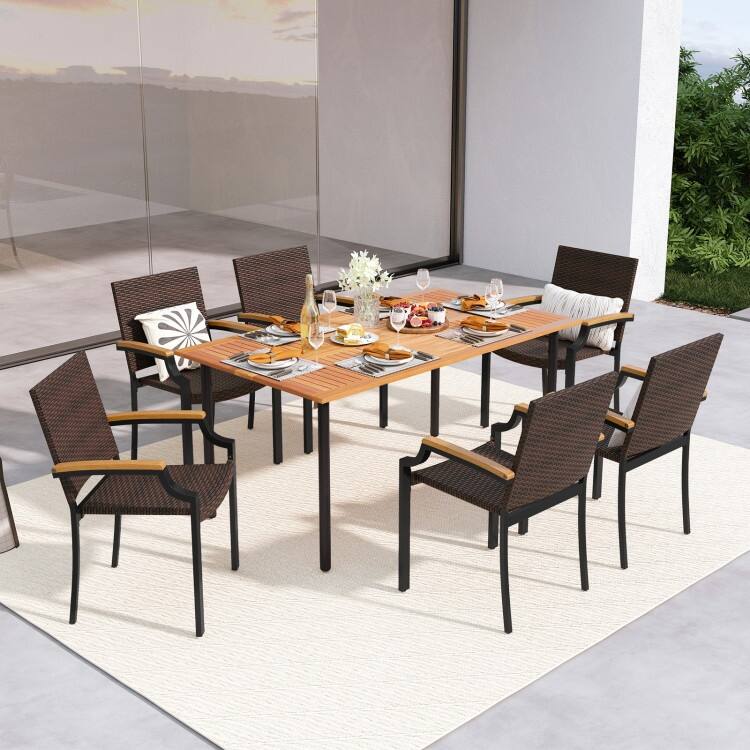 Set of 2 Mix Brown PE Rattan Metal Patio Dining Chairs with Ergonomic Back and Stackable Design - 23" x 22" x 34.5"