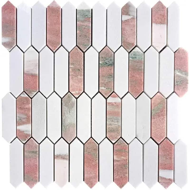 Rosendal 12x12 in. Polished Thassos, Norway Rose Picket Mosaic Wall and Floor Tile (5.3 sq ft/case, 5-Pack)