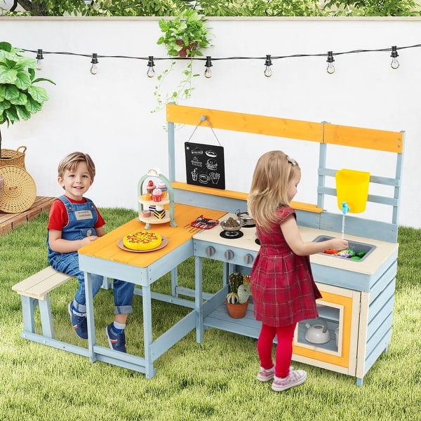 slide 2 of 8, Kids Play Kitchen with Storage and Picnic Table Bench Set - 59" x 28" x 39" Kitchens
