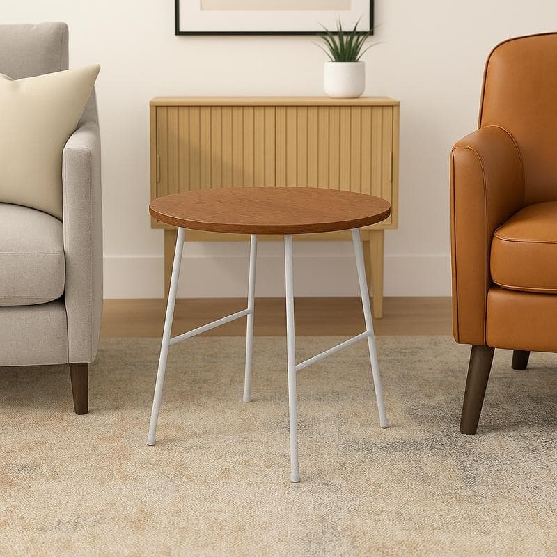 Rossmore Modern MDF Round Ash Wood Veneer Tabletop Side Accent Table with White Stainless Steel Frame for Home or Office