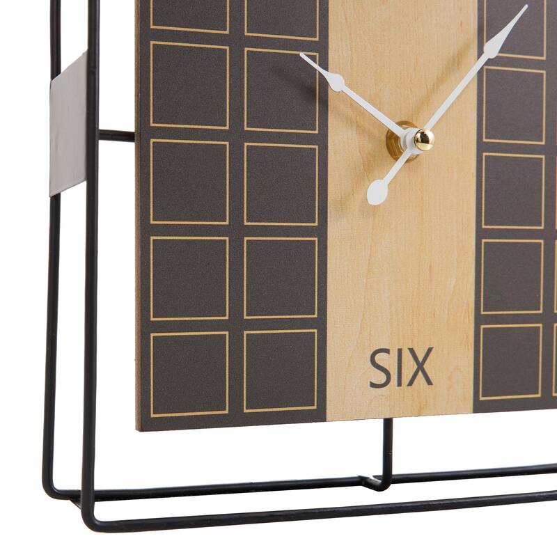 Black Wooden Open Frame Square Geometric Decorative Clock with Grid Pattern
