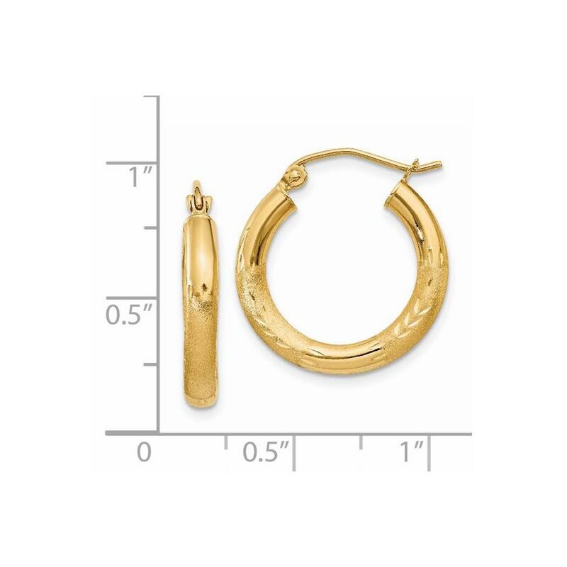 Curata 14k Yellow Gold Satin and Sparkle Cut 20x3mm Round Hoop Earrings