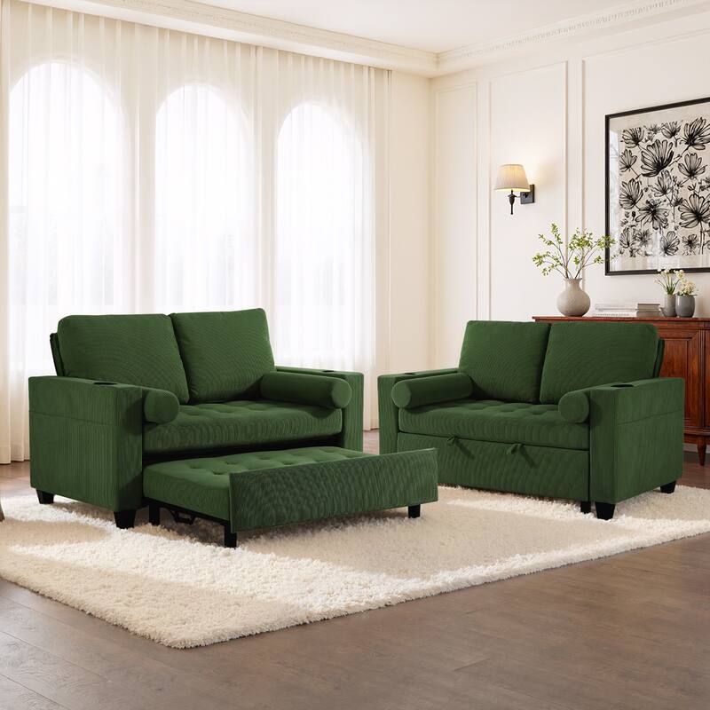 2 Set Corduroy Convertible Sleeper Sofa Bed Loveseats with Cup Holder, USB Ports & Storage