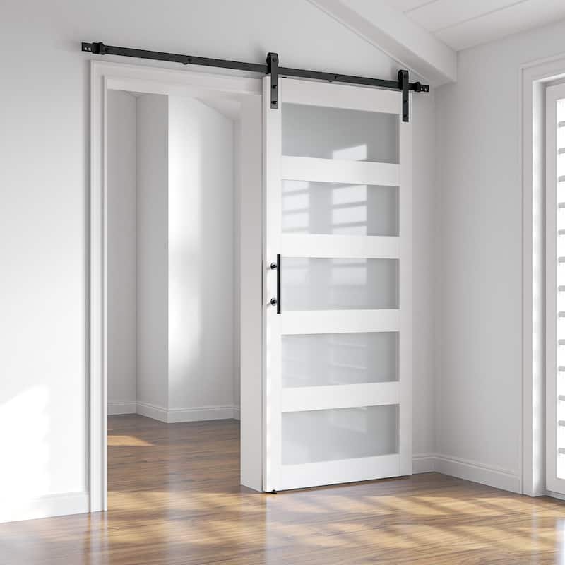 Sanding 30in./36in./42in.x 84in. 5 Frosted Glass White/Grey PVC Surface MDF Sliding Barn Door With Hardware Kit