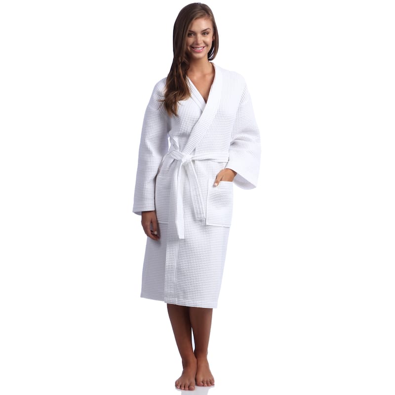Classic White Turkish Cotton Waffle Weave Kimono Cotton Robe - Hotel Spa and Shower Bathrobes