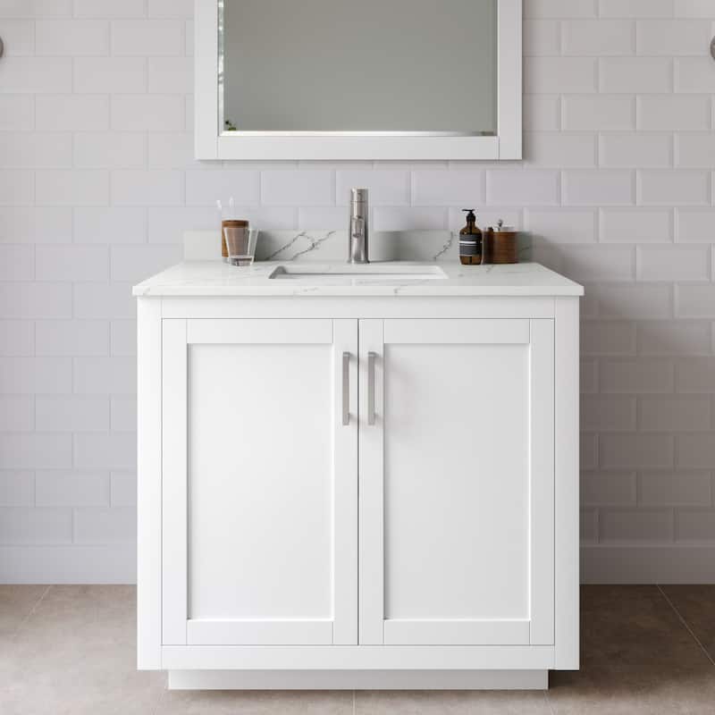 Wyndham Collection WCF292936S-QTZ-UNSMXX Miranda 36" Free Standing - White / Giotto Quartz Top / Brushed Nickel