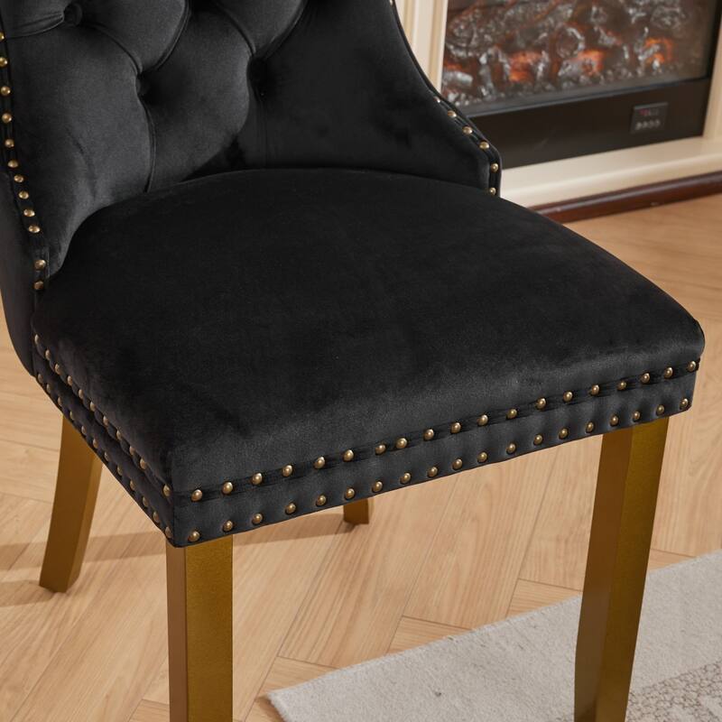Velvet Dining Chairs Set of 2, Tufted Dining Chairs with Nailhead Trim, Kitchen Chairs with Lion Head Pulls Ring & Wooden Legs