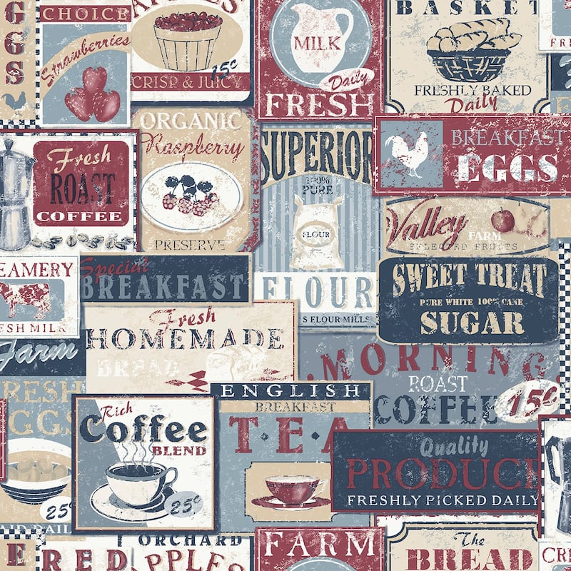 Galerie Wallcoverings Nostalgie Collection Enamel Signs Non-woven Matte Wallpaper Roll - 33 feet x 21 inches - Blue