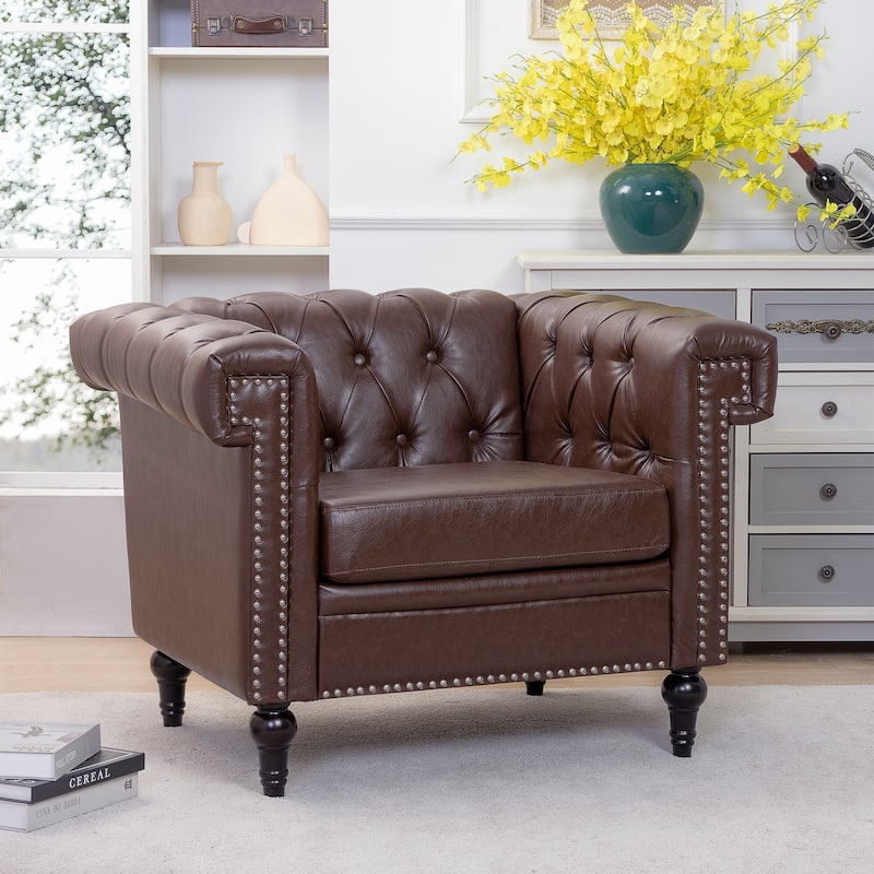 Brown PU Modern 38.98" Upholstered Buttons Tufted Accent Chair with Gourd Shaped Birch Legs and Nailheads