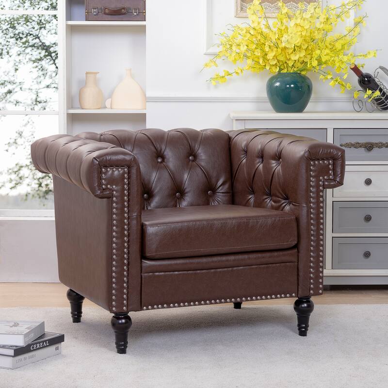 Brown Single Seater PU Sofa with Armrest for Living Room, Office