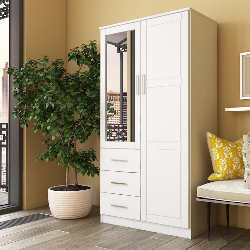 Palace Imports 100% Solid Wood Metro Wardrobe Armoire with Solid Wood or Mirrored Doors - White