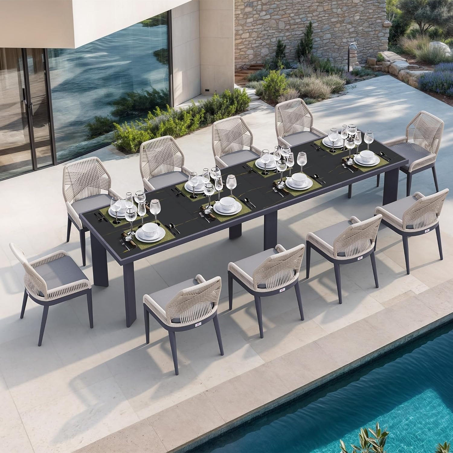 PURPLE LEAF Dining Set Patio Metal Rectangular Table and Wicker Rattan Chairs for Outside Porch Modern Outdoor Furniture Sets