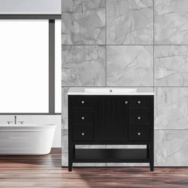Modern 36" Freestanding Bathroom Vanity with Sink, Cabinet, Three Drawers, and Open Shelf - Black