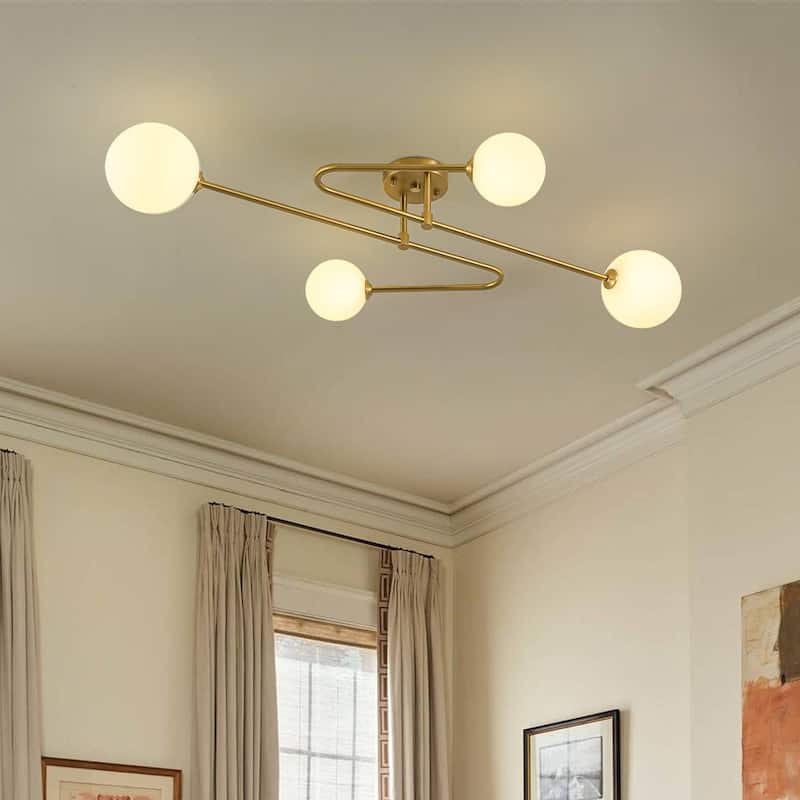 Mid-Century Opal Glass Globe Sputnik Semi Flush Mount Light