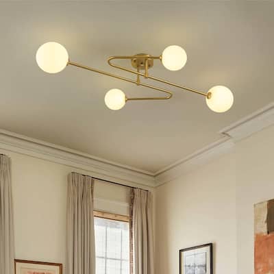 Mid-Century Opal Glass Globe Sputnik Semi Flush Mount Light