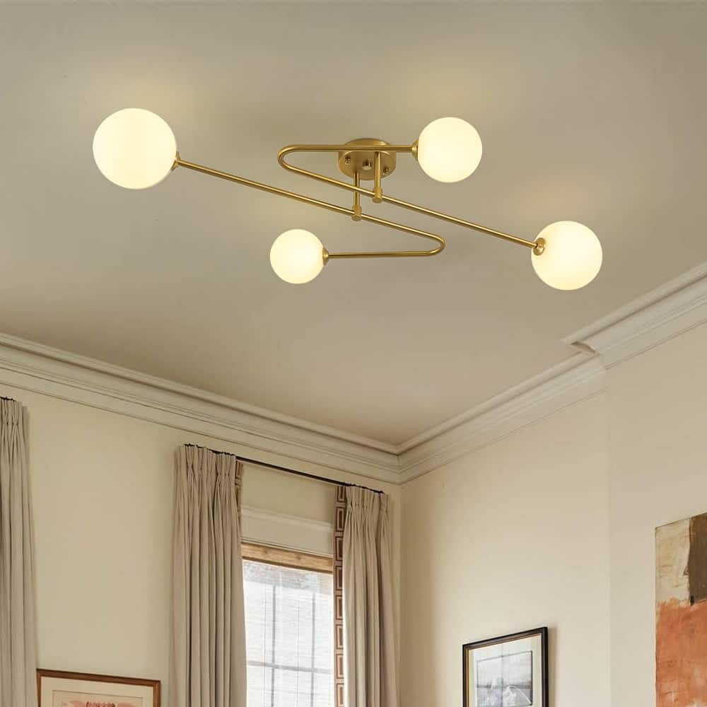 Mid-Century Opal Glass Globe Sputnik Semi Flush Mount Light